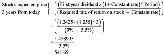 Stocks expected pricel _(First year dividendx (1+ Constant rate) “ Period)
3 years from today (Required rate of return on st