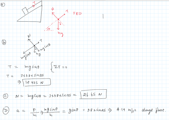 FBD any loso mg sino T = masino mg sino ZF co 349.8x sinas 12.425 W © N= ng Coso = 3x9.8+(osas = 26.65 N ☺ a - Fyng sino – gs