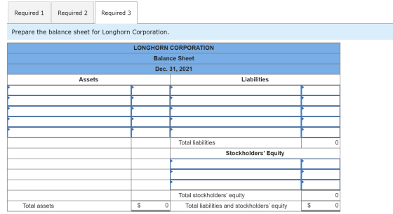 Required 1 Required 2 Required 3 Prepare the balance sheet for Longhorn Corporation. LONGHORN CORPORATION Balance Sheet Dec.