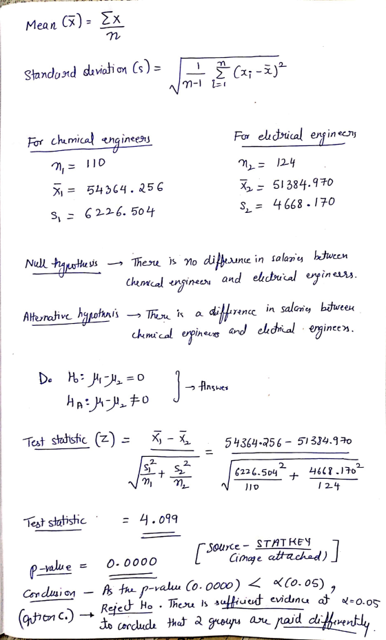 Mean (7)- Ex N - Standard deviation (s) = m Î (;-)2 n-ji- For electrical engineers N2 = 124 For chemical engineers ~, - X = 5