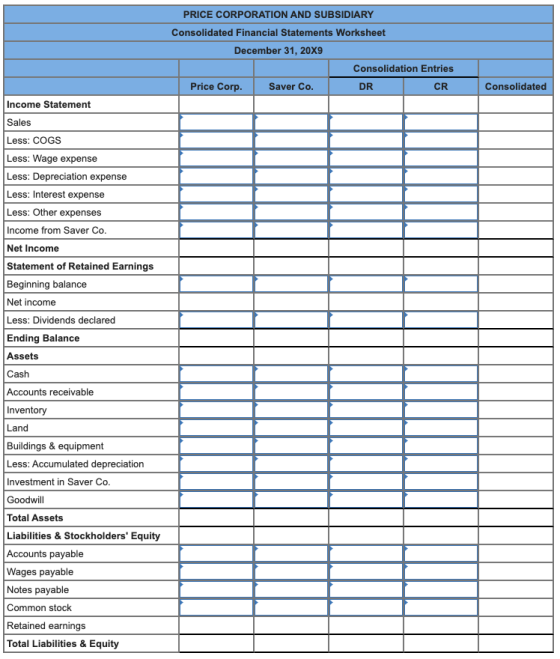 PRICE CORPORATION AND SUBSIDIARY Consolidated Financial Statements Worksheet December 31, 20X9 Consolidation Entries DR CR Pr