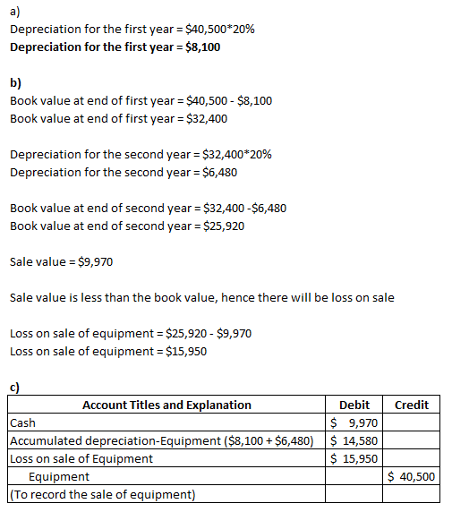 a) Depreciation for the first year = $40,500*20% Depreciation for the first year = $8,100 b) Book value at end of first year
