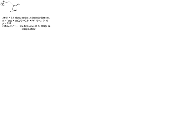 2.34 HO 9.6 AtpH-3.4, glycine amino acid exist in this form. pl -(pkal pka2)12-2.34+9.6) 12-119412 =597 letcharge-+1 (due to