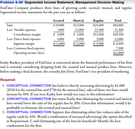 Problem 8-56 Segmented Income Statement, Management Decision Making FunTime Company produces three lines of greeting cards: s