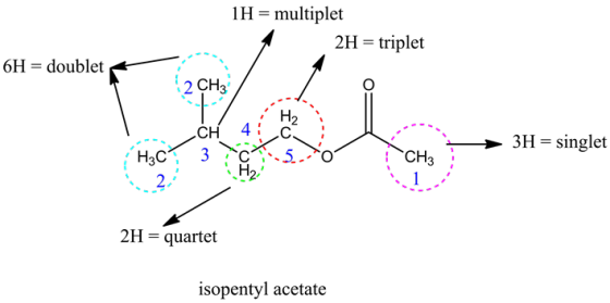 1H= multiplet
2H = triplet
6H = doublett
1 H2
CH
4
C.
3H = singlet
HzC? 3
5
.40
Сн, :
2H = quartet
isopentyl acetate