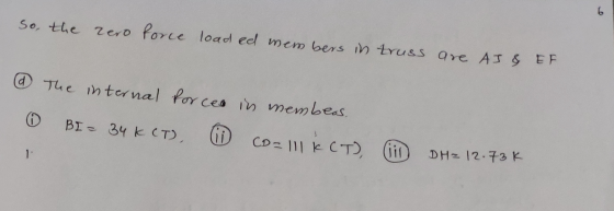 6 So, the zero force load ed members in truss are AJ & EF @ The internal forces in membeas. BI - 34 K CT), 5 CD-11 K CT) 1 Ci