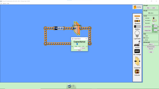1600 Circuit Construction Kit (AC+DC), Virtual Lab (3.20) x File Options Help Circuit Grab Bag Save Load Visual O Lifelike To