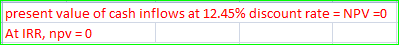 present value of cash inflows at 12.45% discount rate-NPV At IRR, npv 0