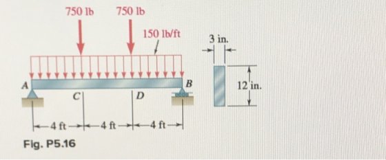750 lb 750 lb 150 lb/ft 3 in. 12 in ft- 4ft-te4ft- Fig. P5.16