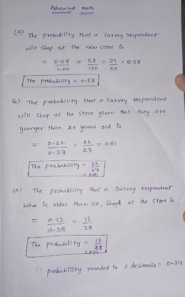 Advanced Math (a) The probability that a survey respondent will shop at the new stue is 0:58 1.00 58 (OD SO The probability 0