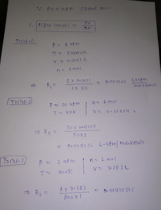 PV = nRT CIdeal gs) SRCgas Const) PV T THat-i 1 atm 50Kelvin T = O.2051 L 1 x 002051 LX atm Oo00410 Ry= molx kelvin 1X 50 20