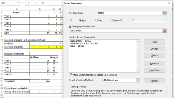 B22 1 x ✓ fx Solver Parameters в 1 Project Set Objective: SBS22 To: Max Min O Value Of: O 2 3 Year 1 4 Year 2 5 Year 3 6 Year