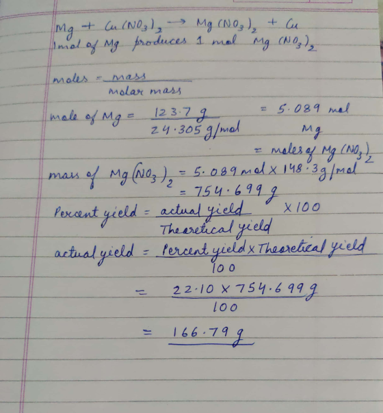 + CulNos) Mg (No) mal af Mg froduces 1 mal Mg (No), 2 moles mass Molar mass 5.089 mel 123.7 9 male of Mg MJ Z4.305 o MglNa)-5