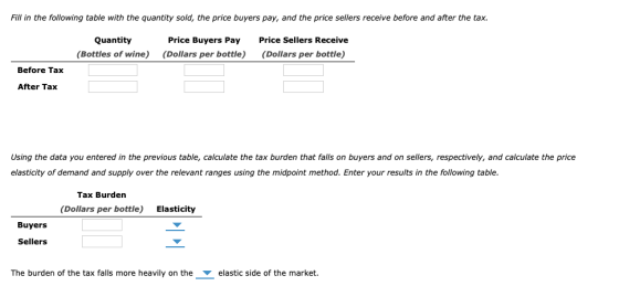 Fill in the following table with the quantity sold, the price buyers pay, and the price sellers receive before and after the