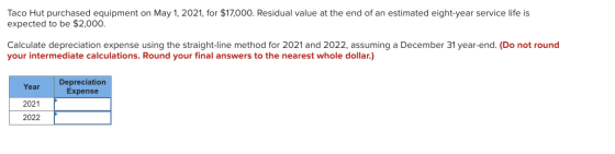 Taco Hut purchased equipment on May 1, 2021, for $17,000. Residual value at the end of an estimated eight-year service life i