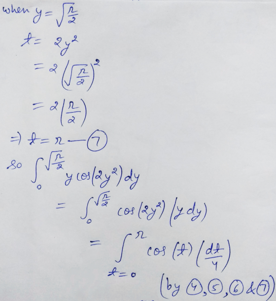 when y = 2 t = 24² 2 - 212 2 ( 2 =) t=2 so SA y cos(24²) dy Some cosley) (ydy) cos (t) (dt) (by 0,0,040) sr t-o