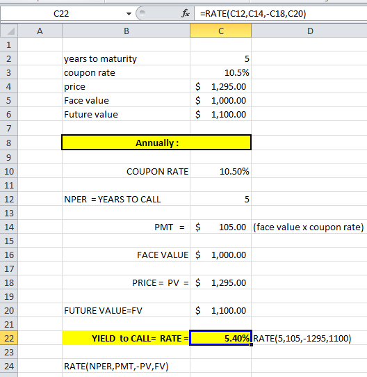 C22 fc =RATE(C12,014,-C18,C20) B years to maturity coupon rate price Face value Future value 10.5% 1,295.00 1,000.00 1,100.00
