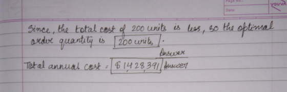 ουνλ rou Date Sines,the total cest f 200 units is lus, to ths optiral Tot el annurl cost428 3