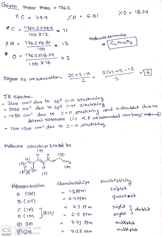 Given Molar Mass = 146.2 %c = 74.9 %0 18.29 Ha 6-81 #C, 1762.2774.9 O leo X 12 EH = 1762 X681 Malecula formula 12 » C, H1202