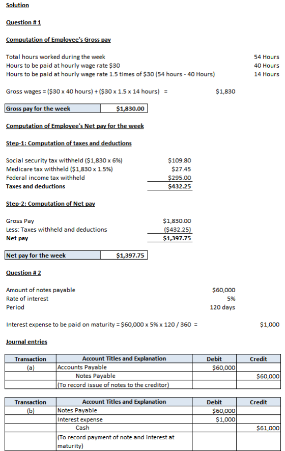 Solution Question # 1 Computation of Employees Gross pay Total hours worked during the week Hours to be paid at hourly wage