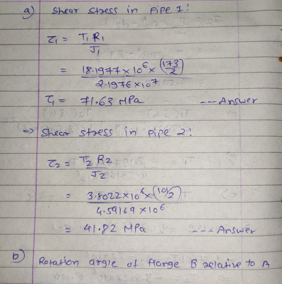 Shear stress in Pipe I! Z= TRI Jr3 173 18.1977x 2.1976x, 07 G= 71.63 MPa - Answer - Shear stress in pipe 2 Z2 = T2 R2=PLG JZL