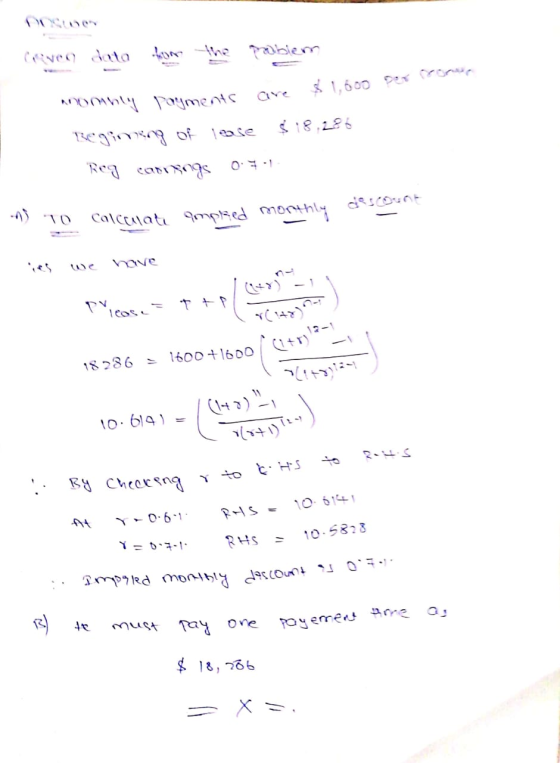NOS Cave data for the tablem anonly payments are $ 1,600 per Beginning of lase $18,286 Reg carryings 0.71 -) TO calculate amp