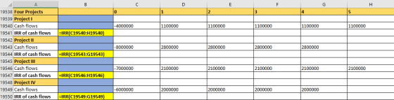 с D E F G H o 1 2 3 4 5 -4000000 1100000 1100000 1100000 1100000 1100000 =IRR(C19540:H19540) -8000000 2800000 2800000 2800000