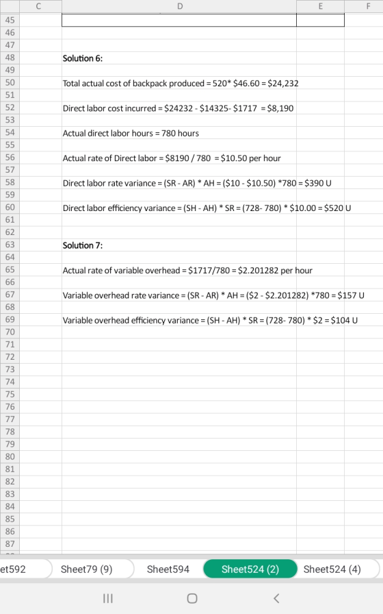 45 46 Solution 6: 49 50 Total actual cost of backpack produced = 520* $46.60 = $24,232 51 Direct labor cost incurred = $24232