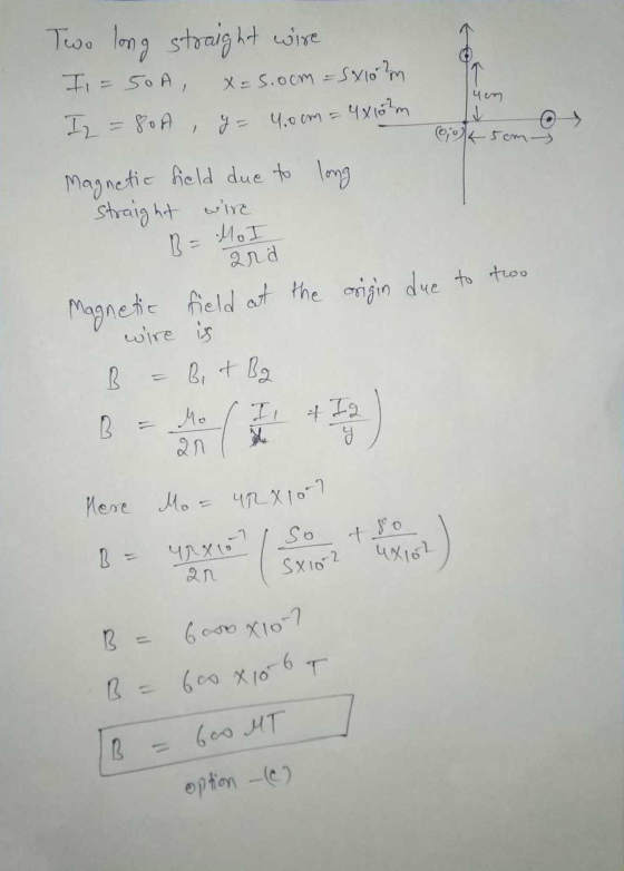 Two long straight wire I= 50A, yem X=5.00m =Sx10 m I2 = 80A, y = 40cm = 4x10m (60k 5cm Magnetic field due to long straight wi