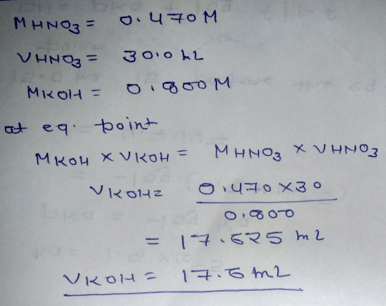 MHNO₂= 0.470M VHNO₃ = 3000 m2 MROH = 0.800M at ea point MKOM VROH = MHNO, X VHNOZ Vkoltz 0.470 X30 0.800 = 17.625 ml VROH = 1
