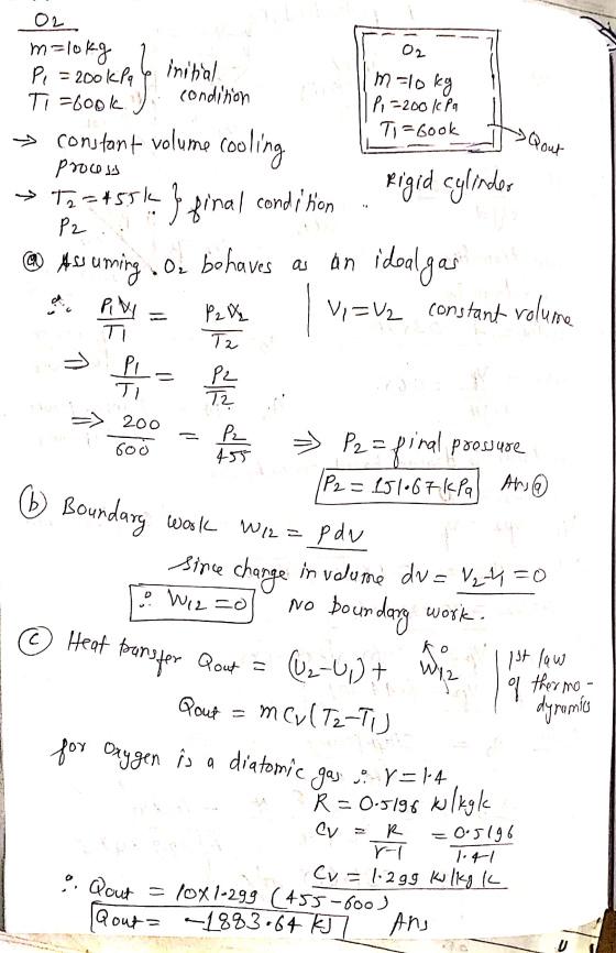 Qout cooling Rigid cylinder → To=455k } final condition Vi=vz constant volume P2 acht u diatomic gas r = 14 OL 02 m=lokg Pe =