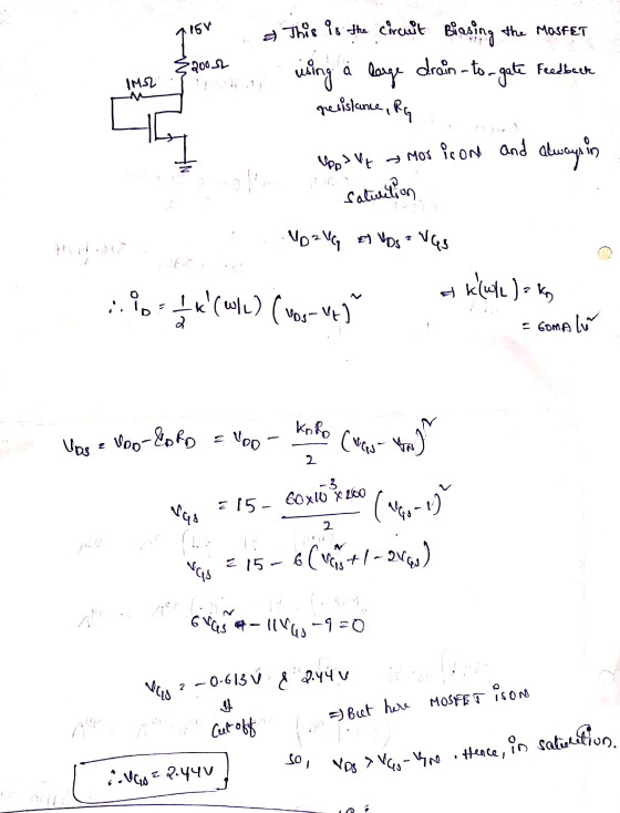 =) But here MOSFET is on 16V qish 2002 a large using IM2 Upp > Vt Mos icon and Saturation klule) = kg M, 2 – 0-613 ở A 9.14 V