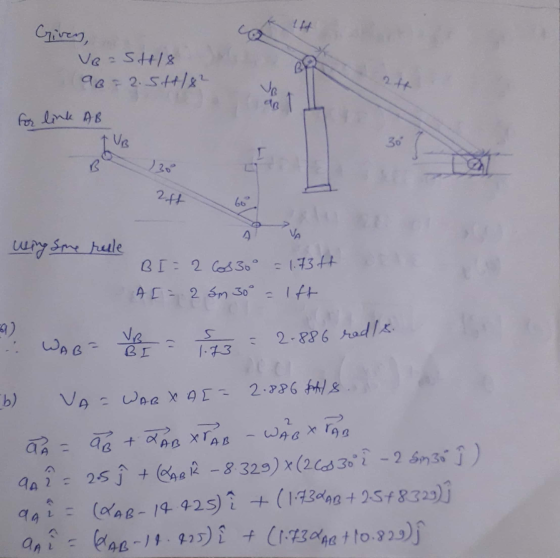 Given, Ve=St18 96 = 2.544/8² AB for link 2ff wering Sme rule BI=2 Cos 30° = 1.737 A [= 2 Sm 30° = 1ft - WAB VB = = 2.886 rad/