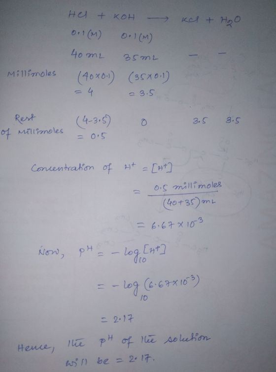 Helt KOH kel + H₂O 011(M) 0.1(M) 40 mL 35 m2 Millimoles (40x0.1) (35x0.1) 23.5 (4-3.5) o 3.5 Rest of millimoles 3.5 0.5 Conce