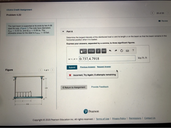 <Extra Credit Assignment 20 of 20 Problem 4.22 Review The rigid beam is supported at its ends by two A-36 steel tie rods. (Fi
