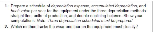 1. Prepare a schedule of depreciation expense, accumulated depreciation, and book value per year for the equipment under the