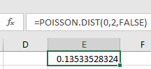 fx
=POISSON.DIST(0,2,FALSE)
0.13533528324!