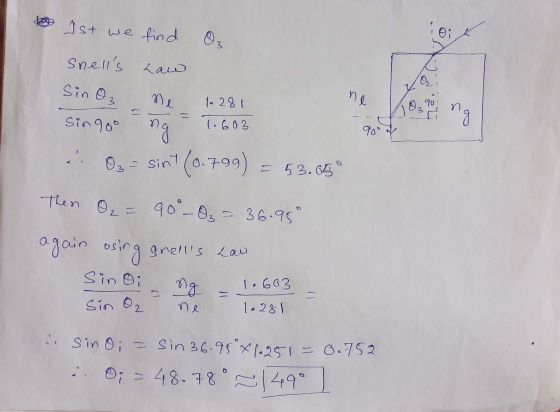 ist u we find oi 3 snells Law Sin O3 ne 1-281 ne = = ng Sin90° 1.603 ng 909 .. O, = sint(0.799) = 53.65° Then O₂ = 90°-O₂ =