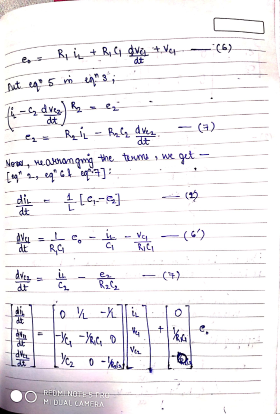 -6.6.) R, L + R, G dva tva dt but eq 5 in egna ; e₂ į - C₂ dvez) h dt e. Rg (7) R₂ C₂ avea It Nood, rearranging the terms ,