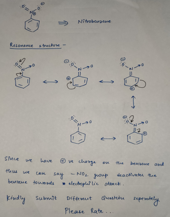 0- → > Nitrobenzene Mitrobenzene Resonance structure - 0:02 NO :0: NO NO Since we have ② ve charge on the benzene and thus