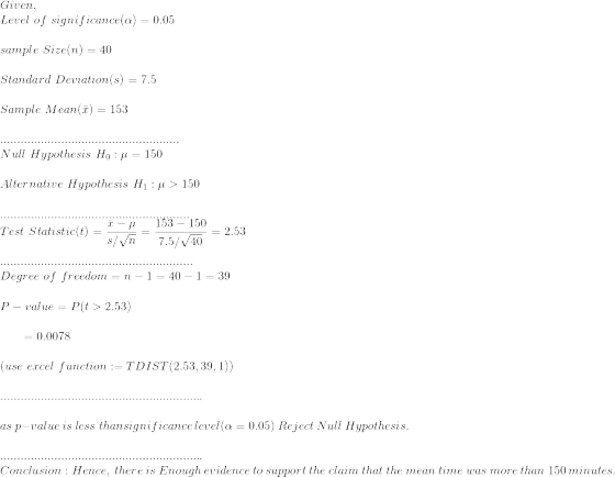 \\Given,\\ Level~of~significance(\alpha)=0.05\\\\ sample~Size(n)=40\\\\ Standard~Deviation(s)=7.5\\\\ Sample~Mean(\bar{x})=153\\\\ .....................................................\\ Null~Hypothesis~H_0:\mu=150\\\\ Alternative~Hypothesis~H_1:\mu>150\\\\ ........................................................\\ Test~Statistic(t)=\frac{\bar{x}-\mu}{s/\sqrt{n}}=\frac{153-150}{7.5/\sqrt{40}}=2.53\\\\ .........................................................\\ Degree~of~freedom=n-1=40-1=39\\\\ P-value=P(t>2.53)\\\\ ~~~~~~=0.0078\\\\ (use~excel~function:=TDIST(2.53, 39,1))\\\\ ............................................................\\\\ as~p-value~is~less~than significance~level(\alpha=0.05)~Reject~Null~Hypothesis.\\\\ ............................................................\\ Conclusion:Hence, ~there~is~Enough~evidence~to~support~the~claim~that~the~mean~time~was~more~than~150~minutes.