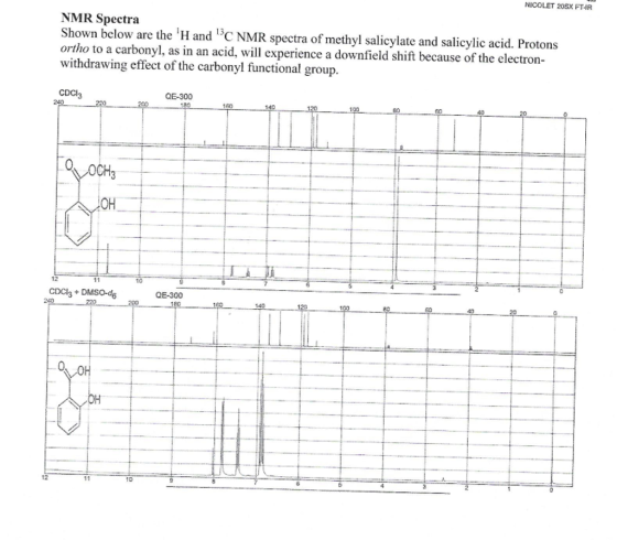 NICOLET 20SX FT-IR NMR Spectra Shown below are the H and 1bC NMR spectra of methyl salicylate and salicylic acid. Protons ortho to a carbonyl, as in an acid, will experience a downfield shift because of the electron- withdrawing effect of the carbonyl functional group. CDCI3 QE-300 100 12 10 CDCls+DMSO-d6 QE-300 12C 100 140 100 60 12 1D