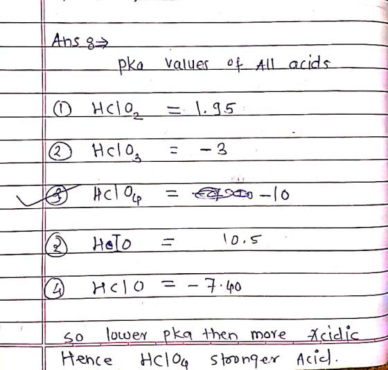 | Ans 87 pke Values Of Allacids O HClO2 = 1.95 (2 Holo, -3 & Holou = Casais -10 Hoto 10.5 HCIO = 7.40 so lower pka then more
