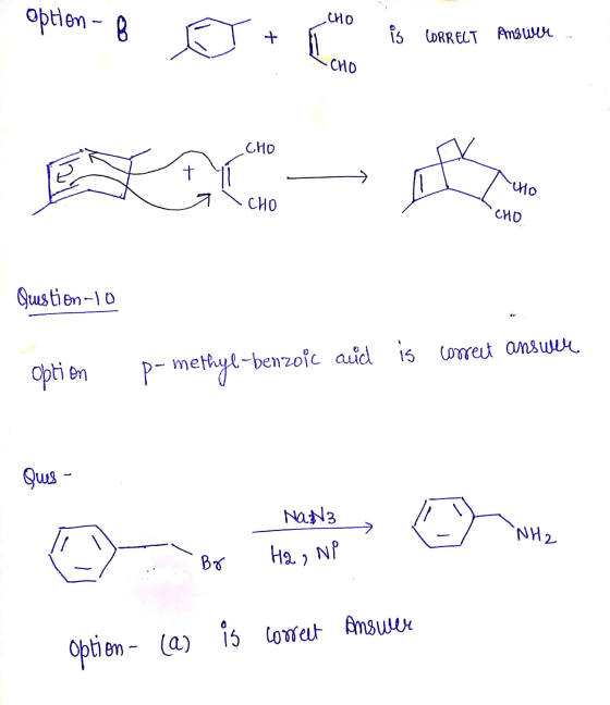 optien - B CHO + is CORRECT Answer •CHO CHO BU + -HO CHO CHD Question-10 Option p-methyl-benzoic and is correct answer Ques N