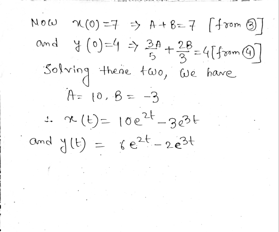 Now and 28. + 5 3 n(0)=7 A+B=7 (from y (0)=4 => 31 =4[from © Solving these two, we have A= 10, B = -3 ... r(t)= 10e 6e2t_2eßt