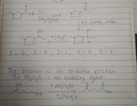 ce (CH₂CH),luli 4) Lially, ether ~ 5) Hot 1 = G, 2=A, 3=C, 4= 0,5 = FT The reaction is an oxidation reaction. The Na, Cr, Og