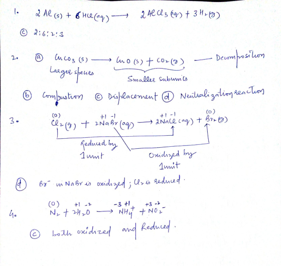 2 Al(s) + 6 He(ag) 2 AL C3 €q) + 3 H₂ (3) © 2:6:2:3 20 0 Cucos (3) ho (s) + CO2(g) - Decomposition Larger species - Smaller s