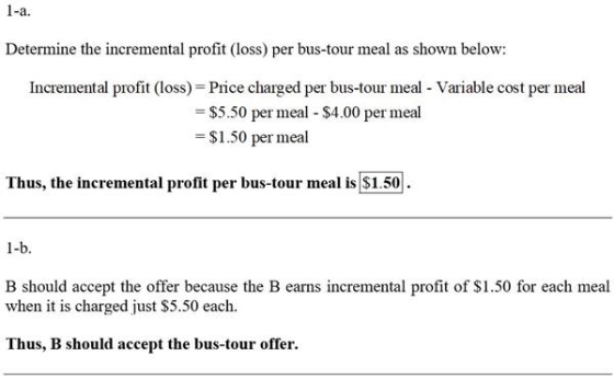 1-a. Determine the incremental profit (loss) per bus-tour meal as shown below: Incremental profit (loss) = Price charged per