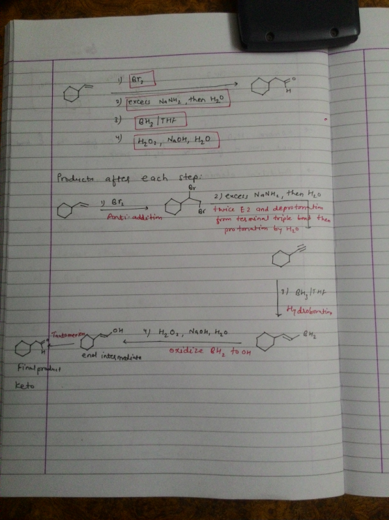 Br, 2) excers Na NH2 , then H₂O) 3) BH₂ THE HO₂, NaOH, H₂O Products after each step: By Br Anti-addition Br 2) excess NaNH₂