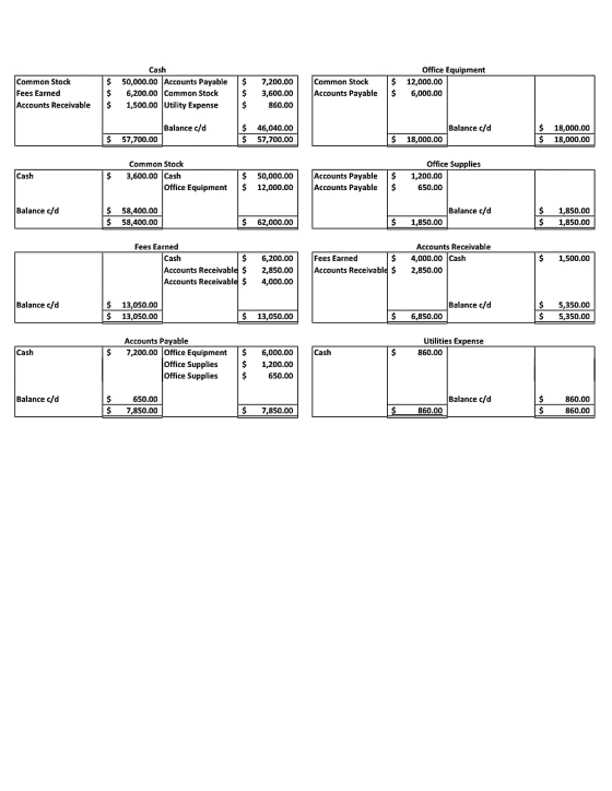 Common Stock Fees Earned Accounts Receivable $ $ $ Cash 50,000.00 Accounts Payable 6,200.00 Common Stock 1,500.00 Utility Exp